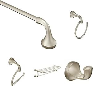 Bundle of Moen Eva Collection Brushed Nickel 24" Towel Bar, YB2824BN, 26" Towel Ring, YB2886BN, Robe Hook, YB2803BN, Towel Shelf, YB2894BN, and Toilet Paper Holder, YB2808BN