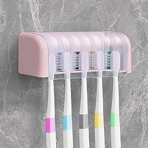 5 Slots Toothbrush Holder Wall Mounted with Cover, Self Adhesive Toothbrush Holders for Bathrooms, Hanging Wall Toothbrush Holder for Shower, Mirror,Medicine Cabinet, RV (Pink)