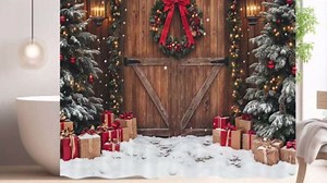 Farmhouse Christmas Shower Curtain, Winter Xmas Tree Snowflake Wooden Barn Door Home Decor Country Vintage Polyester Fabric Bathroom Curtains 70X70IN