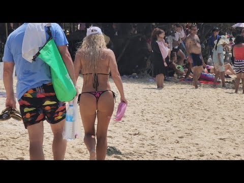 Black pink🩷 g string thong bikini blonde woman girl leaves beach heads to beginner yoga for seniors