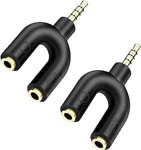 Headphone mic Splitter Mini U Shape Stereo trrs Splitter Microphone 1 Male to 2 Female AUX Audio Converter-2 Pack