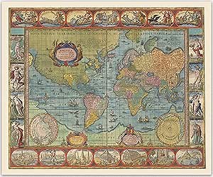 1649 Map Of The World by Willem Blaeu - Vintage Art World Map Hanging Wall Art | Willem Blaeu Atlas Cartographic Sketches World Maps For Wall | Map of the World for Wall Living Room & Bedroom Decor (16 x 20)