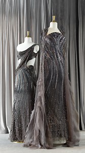 The Gaurav Gupta Slate Grey: Orbiting embroideries in multicoloured glass beads. For appointments, contact 919650047853 #GauravGupta #GauravGuptaCouture | Gaurav Gupta