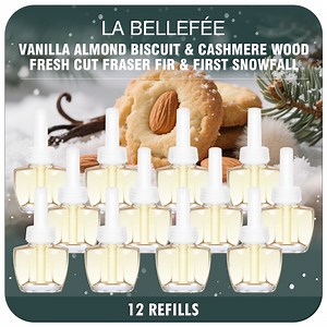 LA BELLEFÉE Winter Comfort Scented Oil Refills - 12 Pack for Electric Diffusers | Vanilla Almond Biscuit, Cashmere Wood, Fresh Cut Fraser Fir & First Snowfall