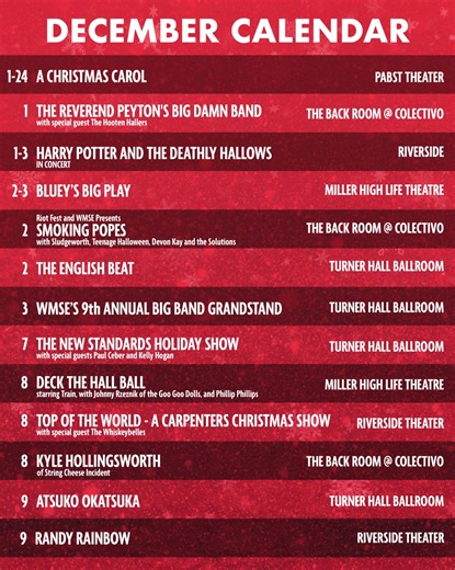 1.2K views | December's calendar coming in hot! Which show(s) will we catch you braving the cold for this month? More info + tickets available at pabsttheatergroup.com | Pabst Theater Group | Facebook