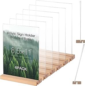 Acrylic sign holder 8.5x11,Double Sided T/L Shape Menu Holder with Wooden Base,Perfect for Displaying Menus, Signs, and Photos in Restaurants, Offices, and Events
