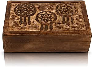 Great Birthday Gift Handmade Decorative Wooden Jewelry Box With Dream Catcher Carvings Jewelry Organizer Keepsake Box Treasure Chest Trinket Holder Watch Box Storage Lock Box 8 x 5 Inches