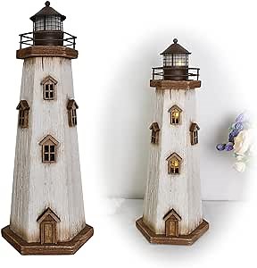 K KILIPES Wood Lighthouse Beach Decorations for Home, Battery Powered LED Lighthouse Night Light, 16" H Rustic Light House Replicas Sculpture Nautical Ocean Light House Figurines Table Top Decor