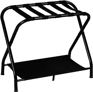 Heybly Luggage Rack,Steel Folding Suitcase Stand with Storage Shelf for Guest Room Bedroom Hotel,Black,HLR002B1