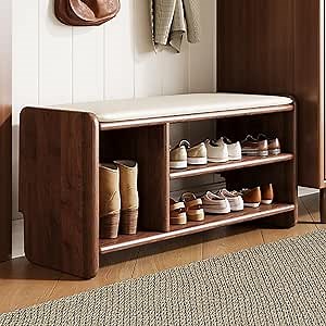 Entryway Shoe Rack Storage Bench Shoe Organizer Ottoman with Storage for Front Door Entrance Shoe Cabinet Bedroom End of Bed Bench with Padded Seat for Hallway Living Room Foyer Closet Entryway(Walnut
