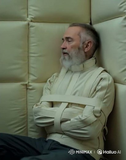 old patient restrained in a maxcita type Straitjacket in white padded cell looney bin #straitjacket