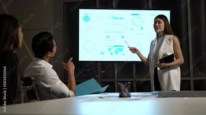 Business woman present project plan and meeting together for sharing business ideas. Concept of brainstorming, war room, meeting teamwork and dashboard.