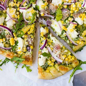 Grilled Pizza with Arugula Pesto, Corn, & Ham Recipe - Rachel Cooks®