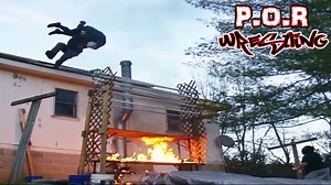 The Minister & JJ Escobar of P.O.R Wrestling finish their intense rivalry with The Minister Devil Driving JJ Escobar off a 15 foot roof through flaming tables & light tubes. This bump took place during the 2018, Fatal 4 Way match that included JC Extreme & Alastor. Neither wrestlers involved in this bump suffered major injuries. | P.O.R Stunts