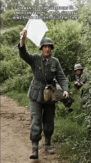 WWII German Soldier Carrying a White Flag Surrenders to American Troops