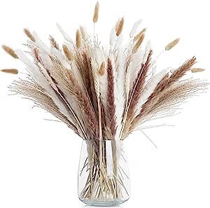 Natural Dried Pampas Grass Decor Bouquet - 95 PCS 17' Tall Pampas Grass - Decorative Pompas Grass - Boho Wedding Decor - Elegant Brown & White Pampas Grass - Pampas Grass Vase Ready Modern Home Decor