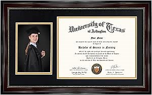 GraduationMall 11x19 Mahogany Diploma and Photo Frame for 8.5x11 Certificate,5x7 Picture,Real Glass,Black over Gold Double Mat