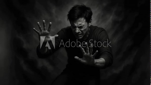 Agony and fear contorting adult man's face. He pushes hands forward in a dark, dramatic setting. Subtle vertical camera tilting. Stock 비디오