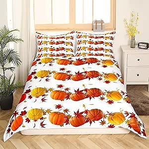 Feelyou Fall Pumpkin Bedding Duvet Cover Set Maple Leaves Bedding Set Boys Girls Farmhouse Decor Comforter Cover Set Microfiber Pumpkin Festival Bedspread Cover Bedroom Bedclothes Queen Size