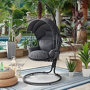 Barton Deluxe Hanging Chair Grey w/Canopy Sun Shade Deep Cushion Lounge Seating Outdoor Indoor Patio Bedroom Hanging Swinging