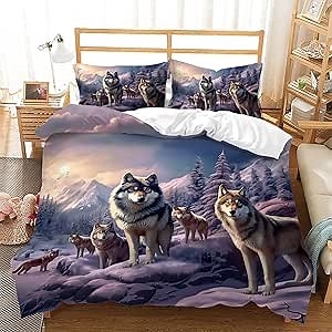 AILONEN Snow Wolf Duvet Cover Set Queen Size, Winter Sunset Wildlife Wolf Bedding Set for Boys Girls, Brown Wolves Print Quilt Cover with 2 Pillowcases, 3 Piece Set