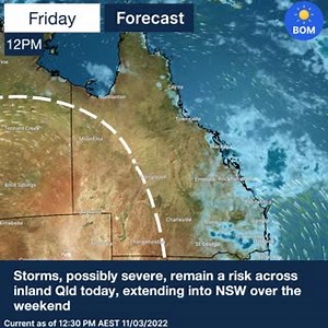 A low pressure trough lying across inland parts of eastern Australia will continue to trigger showers and thunderstorms over coming days over Queensland and northern New South Wales. It's likely to become more extensive across inland parts of north-eastern Australia on Saturday. Showers and storms are expected to reach Victoria on Sunday as well. Severe thunderstorms are possible across most parts of Queensland today, although not over flood-affected areas of the south-east. Severe storm risk wi