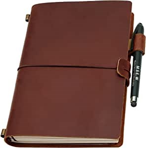 Refillable Leather Journal for Men and Women, 2 Lined and 1 Blank Bound Notebooks with Brass Pen Holder, Sketchbook for Drawing, Brown 8.3 x 5.7 inch, 180 Pages, Gift for Travelers, Family, Friend
