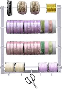 mignonnememe Ribbon Organizer Aluminum Alloy Ribbon Holder Organizer Rack 4 Tier Ribbon Storage Organizer with 5 Hooks for Crafts Silver(Brackets Only)