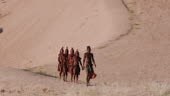 4K view of people from the Himba tribe walking in the Namib...