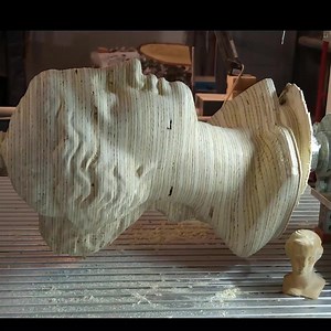 The most popular free CAD-file download on the DeskProto website is the STL geometry of Venus de Milo (her head). It is the perfect geometry for a first project on your new fourth axis or on your new four axis CNC machine, using the DeskProto 3D CAM software. You can find her on page www.deskproto.com/download/freemodels.php From Canada we received these shots of a life size Venus model. Material is a stack of plywood slabs, glued to create one large block. The block needed to be rounded, as the