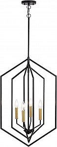 VAXCEL Riley 4 Light Black and Satin Brass Contemporary Geometric Cage Pendant Light