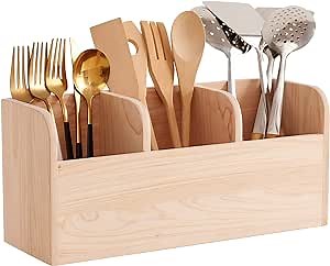 Utensil Holder Extra Large, Hinoki Cypress Wood Utensil Organizer Holder, 3 Compartment Kitchen Countertop Utensil Caddy Crock Counter Organizer and Cooking Tools Storage