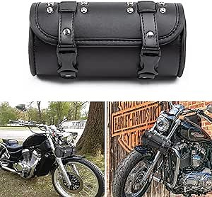 Motorcycle Handlebar Bag, Motorcycle Fork Tool Bag, Universal Small Leather Saddlebags for Motorcycle Front Fork Handlebar Tail Rack Sissy Bars (Black 3)