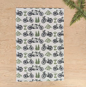 Hand-screenprinted Bike Flour Sack Tea Towel: Vintage Bicycle Kitchen Decor With Trees, Mountains, Mushrooms - Etsy