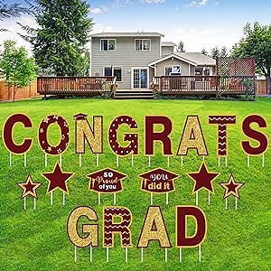 Set of 18 Graduation Yard Sign Decorations Congrats Grad Graduation Lawn Signs Class of 2023 Yard Signs with 22 Stakes for Outdoor Graduation Party Pathway Decor Supplies(Maroon & Gold)