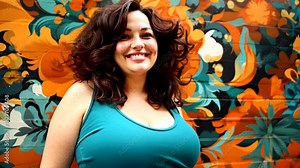 Beautiful voluptuous chubby woman with huge chest posing smiling