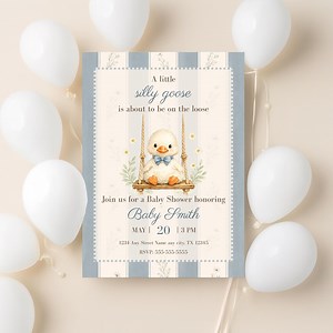 Silly Goose Baby Shower Invitation Template | A Silly Goose is About to Be on the Loose Baby Shower Invite | Silly Goose Blue Floral Design - Etsy