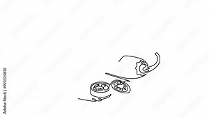 Animated self drawing of continuous line draw of whole and sliced healthy organic hot chili for farming logo identity. Fresh chilli pepper concept for vegetable icon. Full length single line animation