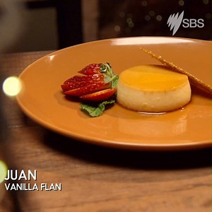 This creamy vanilla flan gets a double hit of caramel - both in the flan, and in the crisp amaranth snaps! #TheChefsLine http://bit.ly/flan_plan | SBS Food