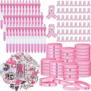 Harloon 200 Pcs Breast Cancer Awareness Accessories Include 50 Pink Ribbon Bracelets 50 Cancer Awareness Ribbon Pen 50 Breast Cancer Pins 50 Breast Cancer Stickers Bulk for Women