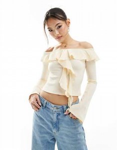 ASOS DESIGN textured ruffle off shoulder top in ecru | ASOS
