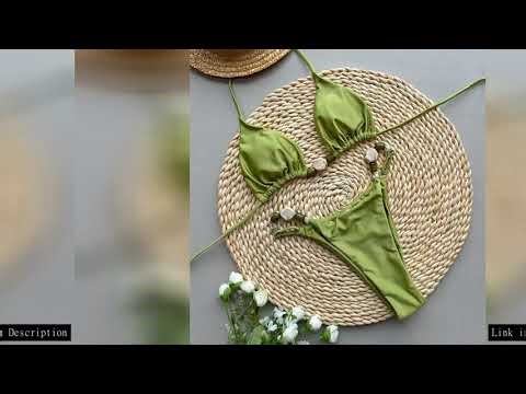 Solid Green Swimwears Sexy Halter Triangle Bead String Bikini Mini Micro Thong Swimsuit Woman 2026 S