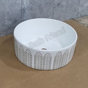 [Hot Item] Hotel Bathroom Ceramic White Round Sinks Bowl Art Basin Ceramic Sink Hand Wash Basin with Flower Pattern