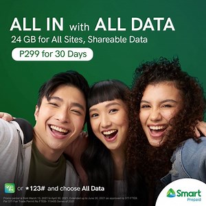 Go all in with your passions with ALL DATA. Get 24 GB access for all sites, shareable data for only Php 299 valid for 30 days. 👌🏻 Visit smart.com.ph/prepaid/promos#others to learn more. | Smart Communications, Inc.