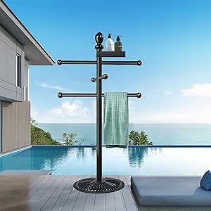 Outdoor Pool Towel Rack, 6 Bars Metal Heavy Duty Never Tilt Pool Accessories with Heavy Metal Base, Hot Tub Accessories Towel Rack Towel Stand for Pool, Spa (Top Basket Included)
