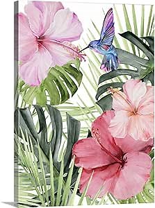 CANVAS ON DEMAND Hibiscus & Hummingbird I Canvas Wall Art Print by Jennifer Paxton Parker, Contemporary, Home Decor, Bird, Wildlife Artwork,18" x24in