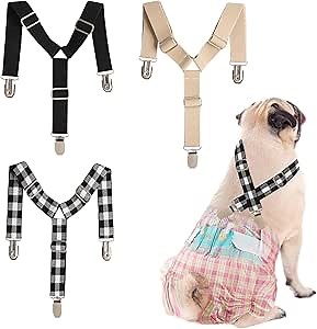 3Pcs Adjustable Dog Suspenders for Diapers Female Dog, OUOQUQ Suspenders for Small Medium Dog Dress & Male Dog Diapers for Dogs Diaper Keeper Suspender(Plaid, White, Black)