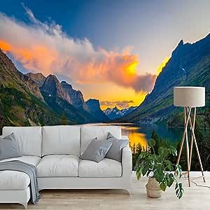 Custom Mountain Lake Wallpaper, Sky Sunset 3D Large Mural Suitable for Kids Bedroom Nursery Room Mural