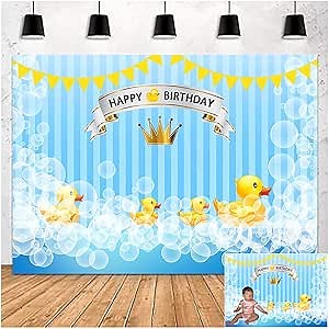Blue Bubble Cute Little Yellow Duck Happy Birthday Theme Photography Backdrops Children Boys or Girl Baby 1st Birthday Photo Backgrounds Newborn Baby Shower Party Decor Supplies Prop 5x3ft Vinyl