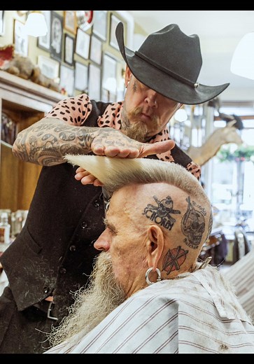 PSYCHOBILLY QUIFF by The Bloody Butcher at @Schorem Traditional Barbershop Photography: @Jelle Mollema Vid: @joramvdgeer #psychobilly #rockabilly #headtattoo #hairtok #barbertok